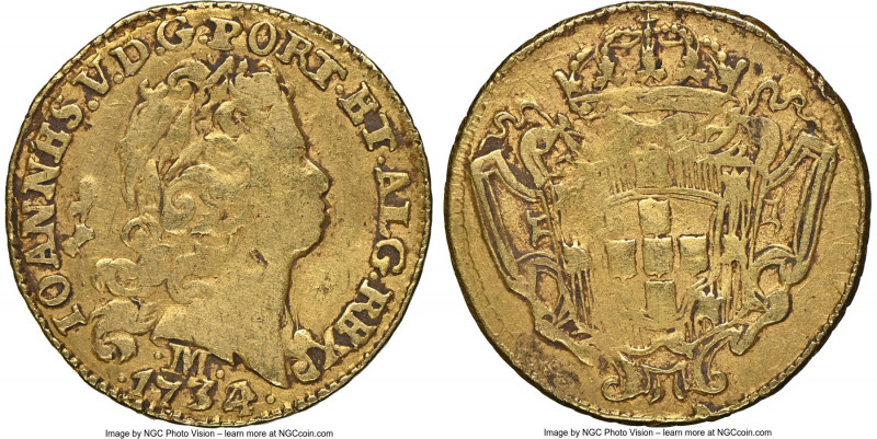 João V gold 800 Reis 1734/2-M Clipped NGC, Minas Gerais mint, cf. KM120 (overdat...