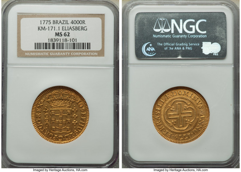 Jose I gold "Large Crown" 4000 Reis 1775-(L) MS62 NGC, Lisbon mint, KM171.1, LMB...