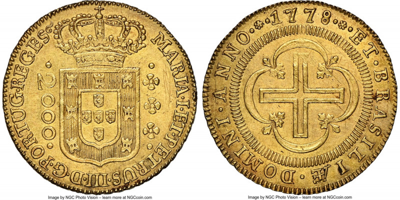 Maria I & Pedro III gold 2000 Reis 1778-(L) UNC Details (Obverse Scratched) NGC,...
