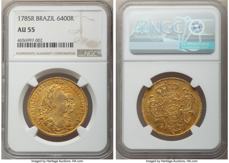 Maria I & Pedro III gold 6400 Reis 1785-R AU55 NGC, Rio de Janeiro mint, KM199.2...