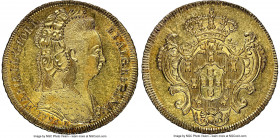 Maria I gold 6400 Reis 1795-R AU58 NGC, Rio de Janeiro mint, KM226.1, LMB-533. Remarkably brilliant and slightly reflective in the fields for the assi...