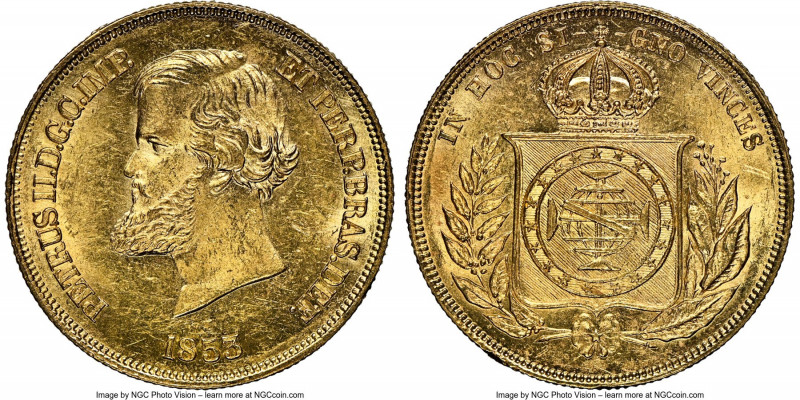 Pedro II gold 10000 Reis 1853 MS64 NGC, Rio de Janeiro mint, KM467, LMB-643. The...