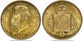 Pedro II gold 10000 Reis 1855 MS62 NGC, Rio de Janeiro mint, KM467, LMB-645. Crackling fields boast cartwheel luster across crisp peripheries. 

HID09...