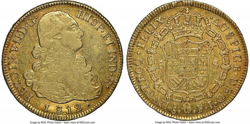 Ferdinand VII gold 8 Escudos 1812 So-FJ AU50 NGC, Santiago mint, KM78. Displayin...