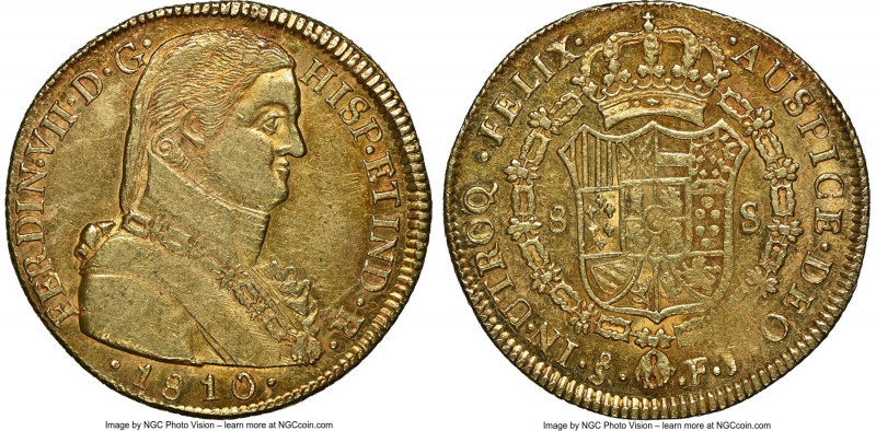 Ferdinand VII gold 8 Escudos 1810 So-FJ AU58 NGC, Santiago mint, KM72, Cal-1863....