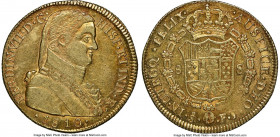 Ferdinand VII gold 8 Escudos 1810 So-FJ AU58 NGC, Santiago mint, KM72, Cal-1863. A sharp example, bearing the popular military bust and weaving lustro...