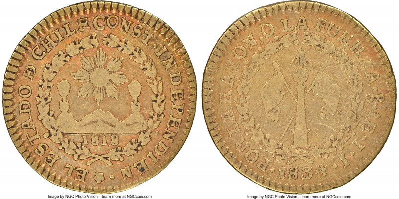 Republic gold Escudo 1834 So-IJ VF30 NGC, Santiago mint, KM85. Moderately circul...