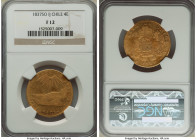 Republic gold 4 Escudos 1837 So-IJ F12 NGC, KM95. A more heavily circulated example showing light traces of amber patina and remnants of glimmering lu...