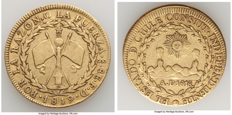 Republic gold 8 Escudos 1819 So-FD VF (Cleaned), Santiago mint, KM84, Fr-33, Onz...