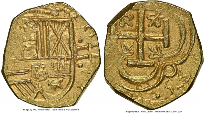 Philip IV gold Cob 2 Escudos 1635 NR-A MS64 NGC, Santa Fe de Nuevo Reino mint, K...