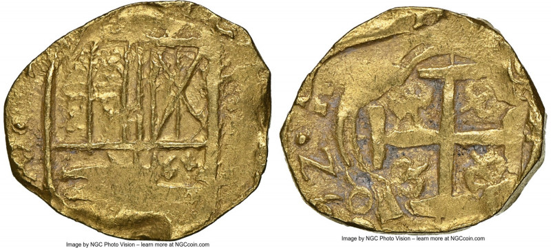Charles II gold Cob 2 Escudos 1692-NR AU58 NGC, Santa Fe de Nuevo Reino mint, KM...
