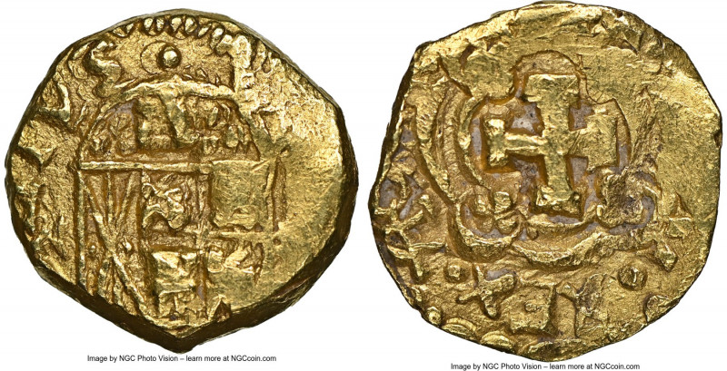 Philip V gold Cob Escudo 1740/39-M MS62 NGC, Santa Fe de Nuevo Reino mint, KM22 ...