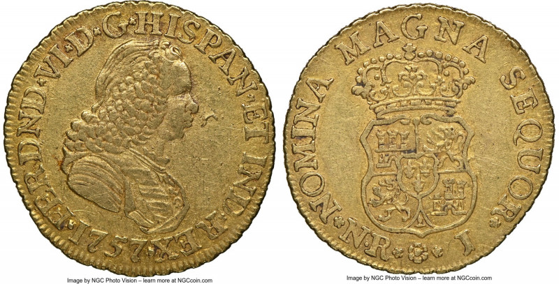 Ferdinand VI gold 2 Escudos 1757 NR-J AU55 NGC, Nuevo Reino mint, KM30.1. Endowe...