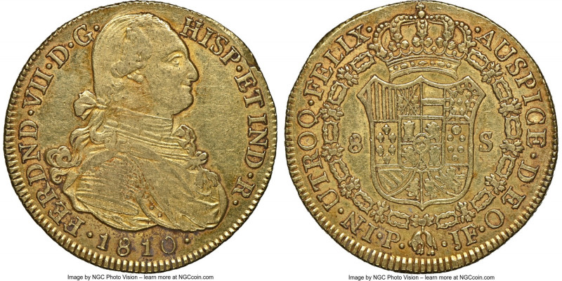 Ferdinand VII gold 8 Escudos 1810 P-JF AU55 NGC, Popayan mint, KM66.2. Crisp in ...