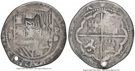 Philip IV Counterstamped 2 Reales ND (1662) Fine Details (Holed) NGC, KM-B1.1 (1663), Cal-838. Host: Lima Philip II 2 Reales ND (1577-1588) (star)-PD ...