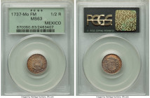 Philip V 1/2 Real 1737 Mo-MF MS63 PCGS, Mexico City mint, KM65, Cal-259, Yonaka-M05-37. A superb representative, showcasing lovely golden-peach toning...