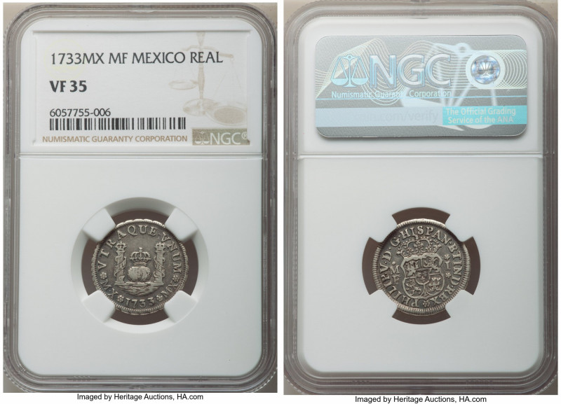 Philip V Real 1733 MX-MF VF35 NGC, Mexico City mint, KM75.1, Cal-502. A problem-...