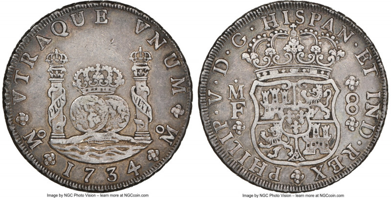 Philip V 8 Reales 1734 Mo-MF XF45 NGC, Mexico City mint, KM103. An attractive ci...