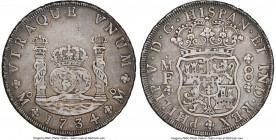 Philip V 8 Reales 1734 Mo-MF XF45 NGC, Mexico City mint, KM103. An attractive circulated survivor featuring overlapping metallic tones and clear detai...