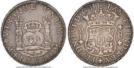 Ferdinand VI 8 Reales 1754 Mo-MF XF40 NGC, Mexico City mint, KM104.2, Cal-485. Imperial crown on left pillar variety. Moderately handled surfaces occu...