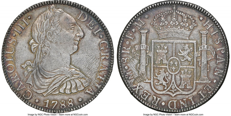 Charles III 8 Reales 1788 Mo-FM AU55 NGC, Mexico City mint, KM106.2a. Gratifying...