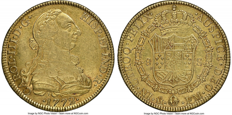 Charles III gold 8 Escudos 1772 Mo-FM AU53 NGC, Mexico City mint, KM156.1. Exhib...