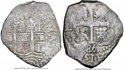 Charles II Cob 8 Reales 1686 L-R AU53 NGC, Lima mint, KM24, Cal-591. Deeply impressed devices, bearing two visible dates and dressed in a mulberry-arg...