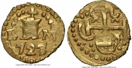 Philip V gold Cob Escudo 1727 L-M MS62 NGC, Lima mint, KM35, Cal-1687, Grunthal/Sellschopp-127n, Oro Macuquino-142 (this coin). 3.37gm. By all indicat...
