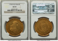 Ferdinand VI gold 8 Escudos 1754 LM-JD AU55 NGC, Lima mint, KM59.1, Cal-767, Onza-581. Exceedingly pleasing in hand - a consequence of a balanced stri...