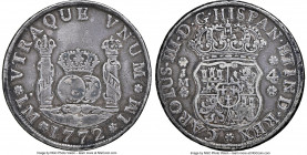 Charles III 4 Reales 1772 LM-JM VF25 NGC, Lima mint, KM63. Pillar type. Steel and silver toned, with a sharp strike tempered only by the effects of cu...
