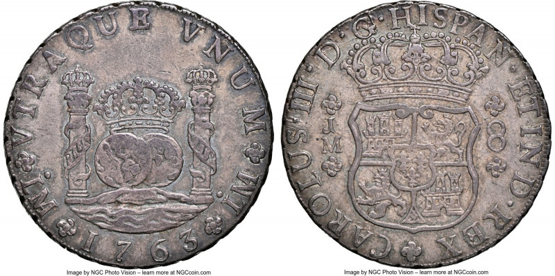 Charles III 8 Reales 1763 LM-JM AU55 NGC, Lima mint, KM-A64.1, Cal-1023. Two dot...