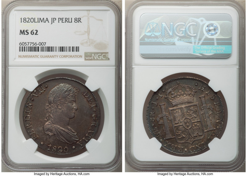 Ferdinand VII 8 Reales 1820 LM-JP MS62 NGC, Lima mint, KM117.1. Graciously toned...