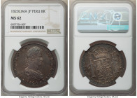 Ferdinand VII 8 Reales 1820 LM-JP MS62 NGC, Lima mint, KM117.1. Graciously toned example, displaying a mulberry-slate spectrum dominance with shades o...