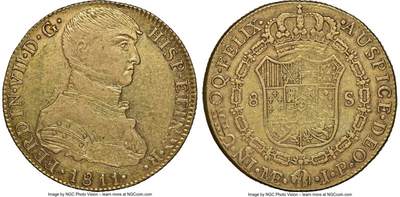 Ferdinand VII gold 8 Escudos 1811 LM-JP AU50 NGC, Lima mint, KM107, Cal-1756. Im...