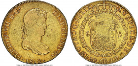 Ferdinand VII gold 8 Escudos 1812 LM-JP XF45 NGC, Lima mint, KM124. Small draped bust variety. Moderately handled devices and red-gold toning occupyin...
