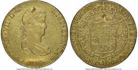 Ferdinand VII gold 8 Escudos 1813 LM-JP AU Details (Surface Hairlines) NGC, Lima mint, KM124. An unusual example featuring a pair of dramatic planchet...