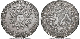 South Peru. Republic 8 Reales 1838 CUZCO-MS AU53 NGC, Cuzco mint, KM170.4. Decorated in light silver and steel patina, remnants of luster peeking from...