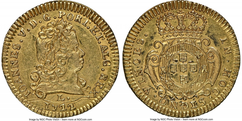 João V gold 1/2 Escudo (800 Reis) 1722-L AU Details (Reverse Damage) NGC, Lisbon...