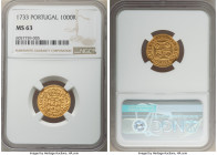 João V gold 1000 Reis 1733 MS63 NGC, Lisbon mint, KM182, Fr-98, Gomes-89.03. A minimally available type at auction and the only currently certified at...