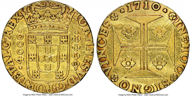 João V gold 4000 Reis 1710 Clipped NGC, Lisbon mint, KM184. 7.97gm. Moderately h...