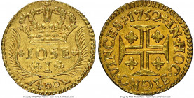 Jose I gold 400 Reis 1752 AU Details (Rim Filing) NGC, Lisbon mint, KM248, Fr-106. IOSE variety. A pale gold piece, well-defined and only lightly hand...