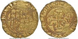 Charles & Johanna (1516-1556) gold Escudo ND (from 1543) S-(star) AU55 NGC, Seville mint, Cal-196, Cay-3146, Oro Macuquino-24. 3.36gm. A charming rend...