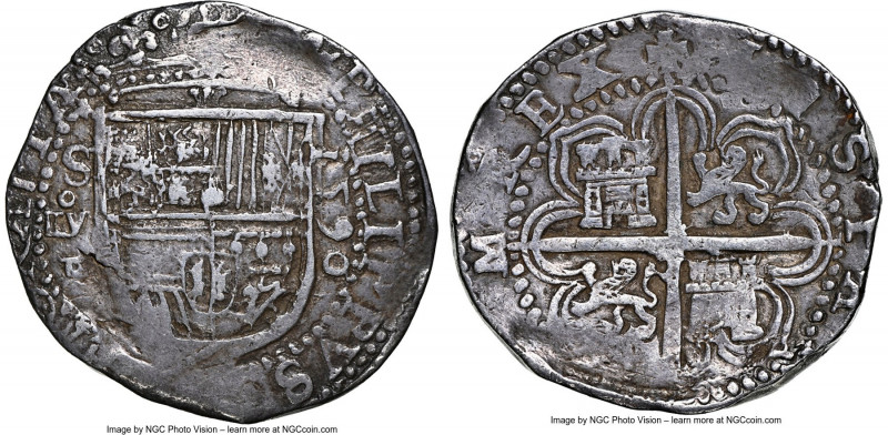 Philip II Cob 8 Reales 1590 S-D XF40 NGC, Seville mint, Cal-729, Cay-4031. 27.17...