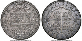 Philip II 8 Reales 1598-(Aqueduct) AU53 NGC, Segovia mint, Cal-719, Dav-8479. "OMNIVM" type. A popular early milled issue, done by the innovative roll...