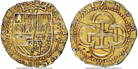 Philip II gold Cob Escudo 1589 S-D XF Details (Scratches) NGC, Seville mint, cf. Fr-178, Cal-788. 2.99gm. Presenting well-defined motifs and pale gold...