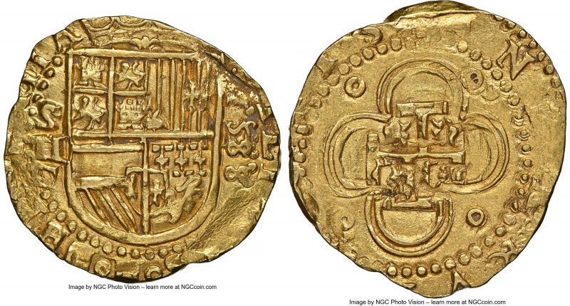 Philip II gold Cob 2 Escudos 1588/II S-D MS63 NGC, Seville mint, Cal-830 var. ("...
