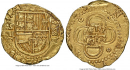 Philip II gold Cob 2 Escudos 1588/II S-D MS63 NGC, Seville mint, Cal-830 var. ("overdate" unlisted), Cay-4111 (same), Oro Macuquino-35. 6.73gm. An int...