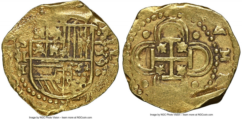 Philip II gold Cob 2 Escudos 1590 S-H AU55 NGC, Seville mint, Cal-836, Cay-4113,...
