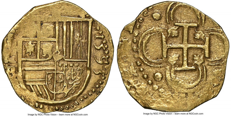 Philip II gold 2 Escudos 1593 S-B AU55 NGC, Seville mint, Cal-848, Cay-4126, Oro...