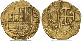 Philip II gold 2 Escudos 1593 S-B AU55 NGC, Seville mint, Cal-848, Cay-4126, Oro Macuquino-50. 6.74gm. Highly round and exhibiting a remarkably well-s...